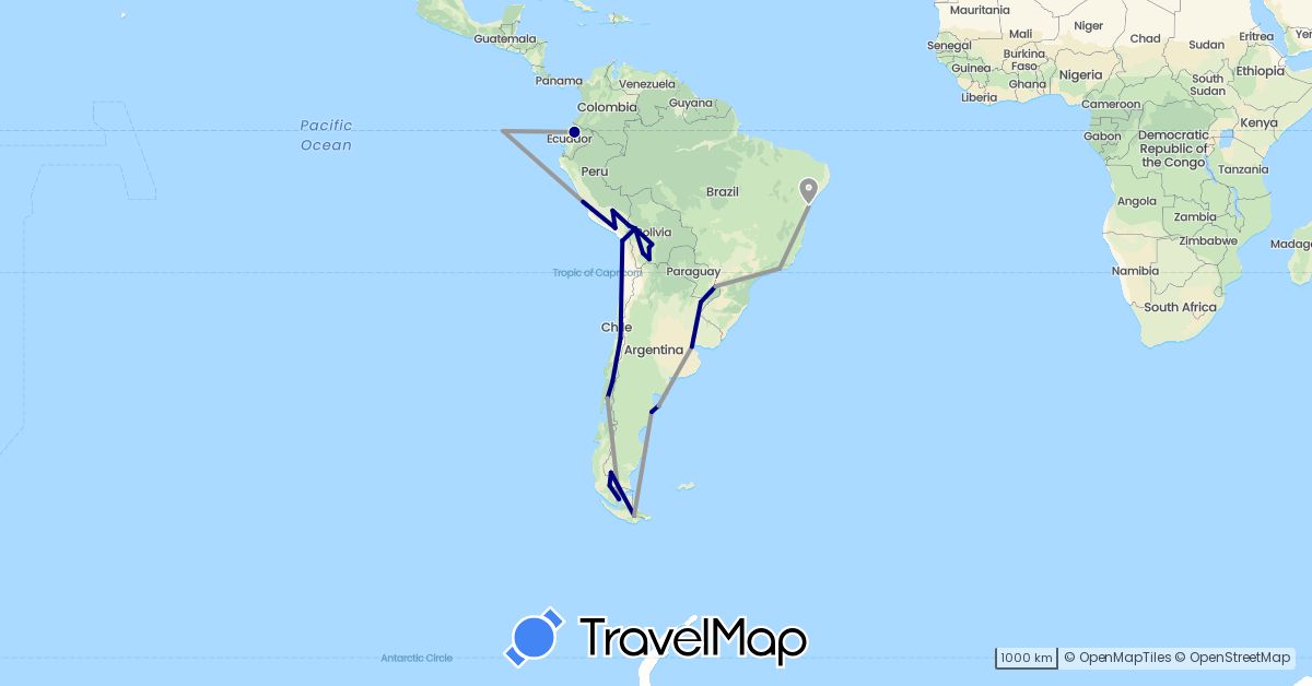 TravelMap itinerary: driving, plane in Argentina, Bolivia, Brazil, Chile, Ecuador, Peru (South America)