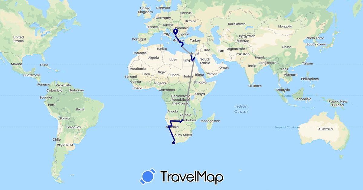 TravelMap itinerary: driving, plane in Albania, Botswana, Egypt, Greece, Namibia, South Africa, Zimbabwe (Africa, Europe)